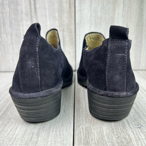 Fly London Dark Blue Suede Heeled Slip On Clog Booties Womens Size 10 EUR 41 - Picture 8 of 12